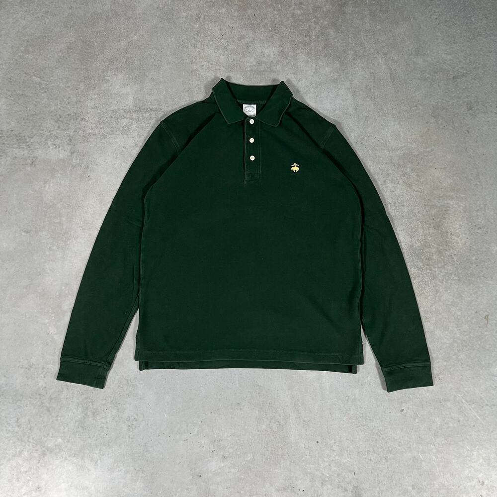 Brooks Brothers 346 Green Long Sleeve Polo Shirt Mens Large Gold Sheep Logo